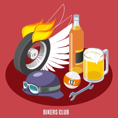 Attributes of bikers isometric composition with wheel, helmet, wrench, drink, billiard ball on red background vector illustration