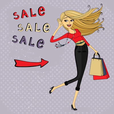 Fashion sale ad, shopping girl with bags vector illustration