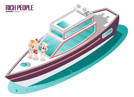 Rich life isometric composition with young people in swimsuits traveling on yacht vector illustration