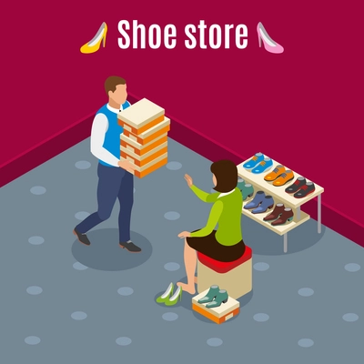 Shoe store isometric background with woman during choice of goods, seller with boxes vector illustration