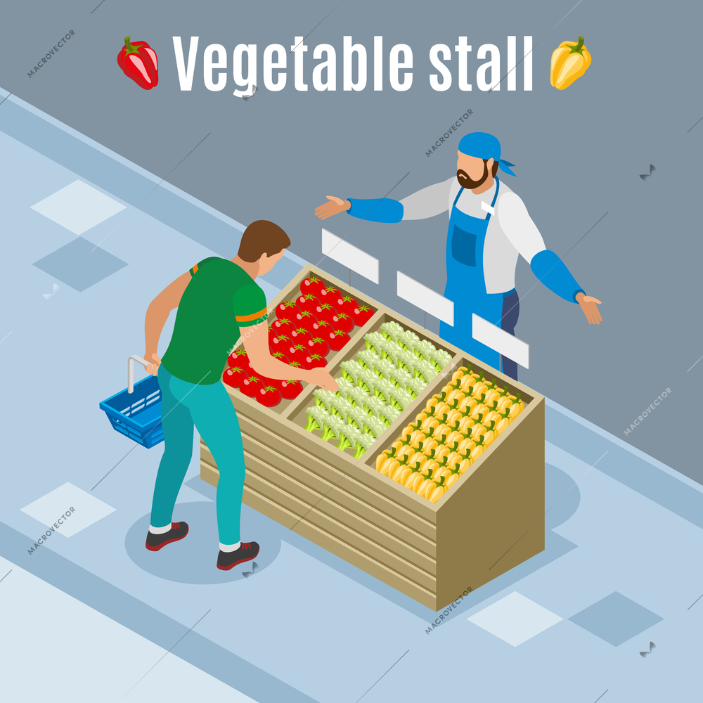 Customer with basket during vegetables purchase isometric background with tomato, paprika, cauliflower on wooden stall vector illustration