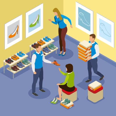 Sellers help woman with shoe buying isometric composition with interior elements vector illustration