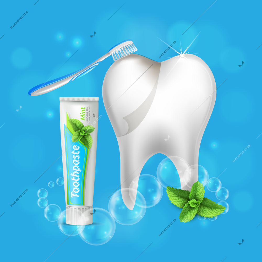 Dental care oral hygiene realistic composition with beautiful shining white tooth toothbrush and menthol toothpaste vector illustration