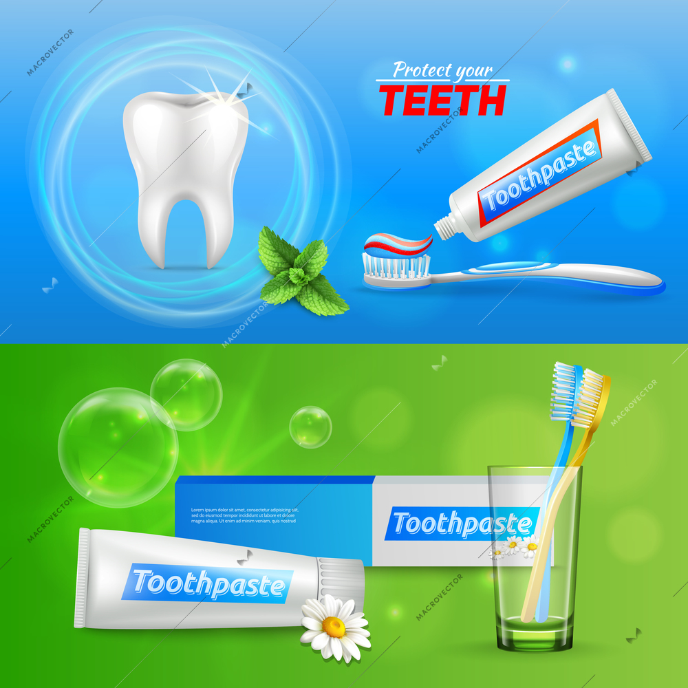 Dental oral care 2 realistic horizontal advertisement banners with tooth menthol and chamomile toothpaste isolated vector illustration