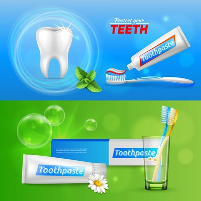 Dental oral care 2 realistic horizontal advertisement banners with tooth menthol and chamomile toothpaste isolated vector illustration