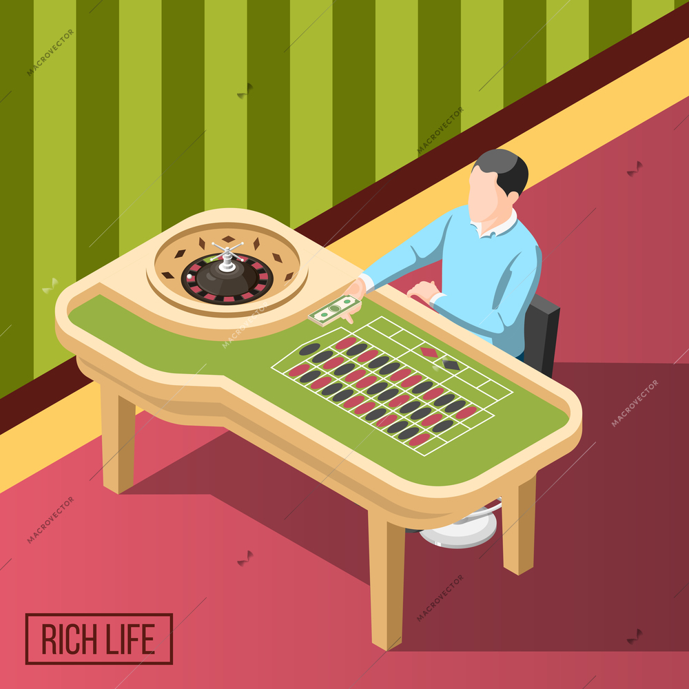 Rich life isometric background with man sitting at gaming table in casino vector illustration