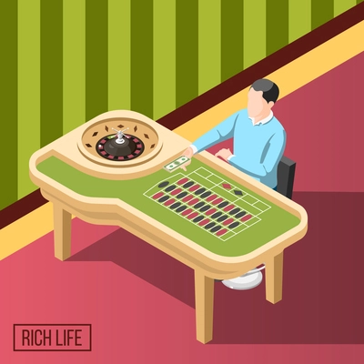 Rich life isometric background with man sitting at gaming table in casino vector illustration