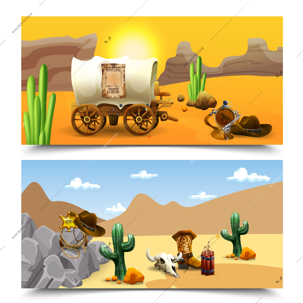 American old west horizontal banners with cart of cowboy at sundown and sheriff accessories isolated vector illustration