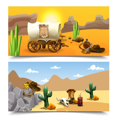 American old west horizontal banners with cart of cowboy at sundown and sheriff accessories isolated vector illustration