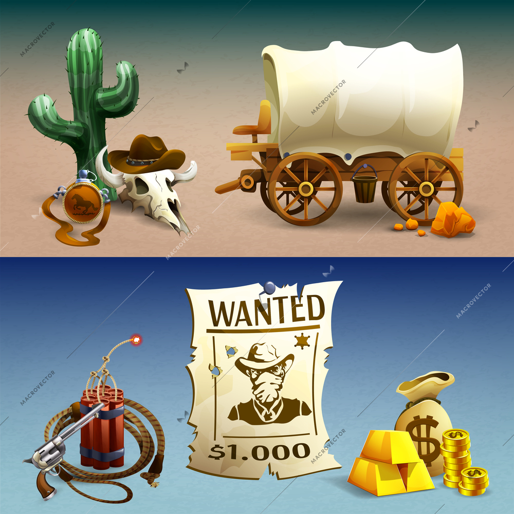 Wild west horizontal banners, cowboy accessories and reward for wanted bandit on gradient background isolated vector illustration