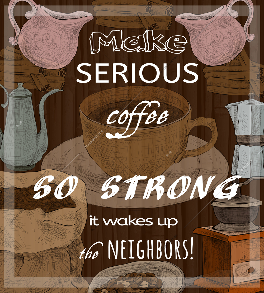 Retro strong black italian coffee aroma with milk can doodle handdrawn design print poster vector illustration