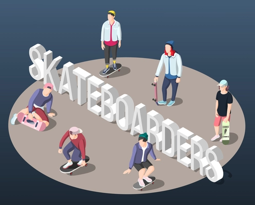 Skateboarding isometric background with teenagers on skateboards standing on perimeter of circle vector illustration