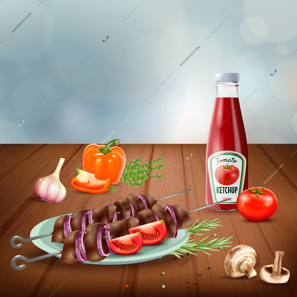 Delicious bbq grilled kebab served with vegetables mushrooms and ketchup realistic vector illustration