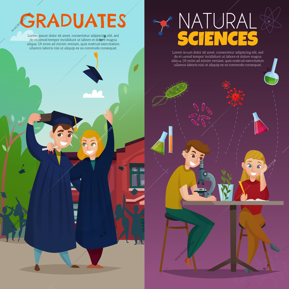 Set of vertical cartoon banners school students learning natural sciences and graduates isolated vector illustration