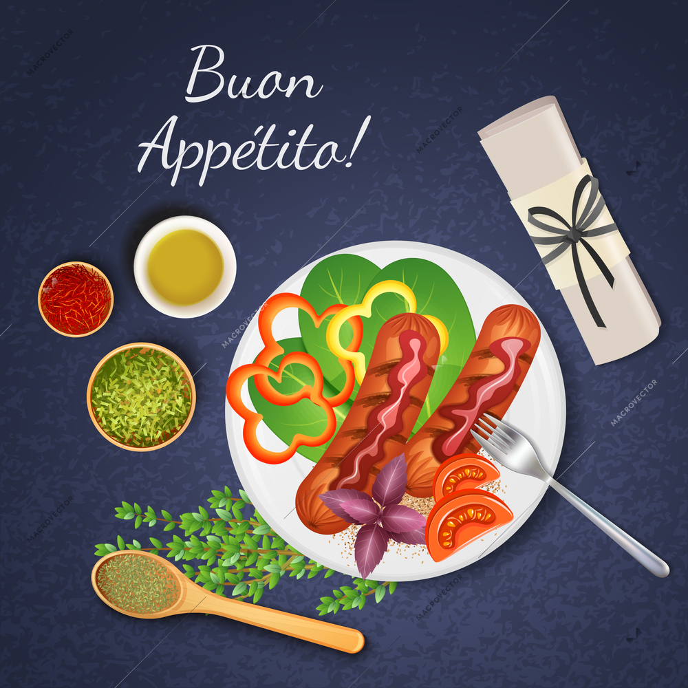 Bbq grilled sausages served with various kinds of sauce vegetables and herbs realistic vector illustration