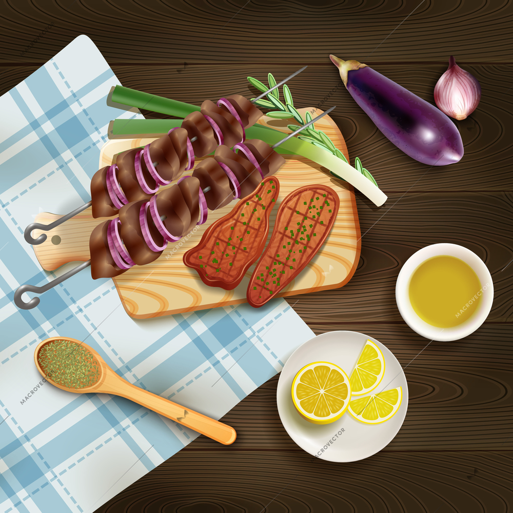 Bbq grilled steaks and kebab on cutting board with herbs and vegetables realistic vector illustration