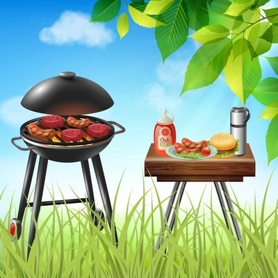 Summer picnic with sausages and burgers cooking on grill realistic vector illustration