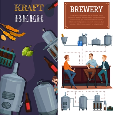 Beer production vertical cartoon banners, industrial equipment, brewing ingredients, men with ale in pub isolated vector illustration