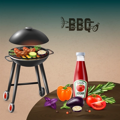 Bbq sausages cooking on grill with vegetables and ketchup realistic vector illustration