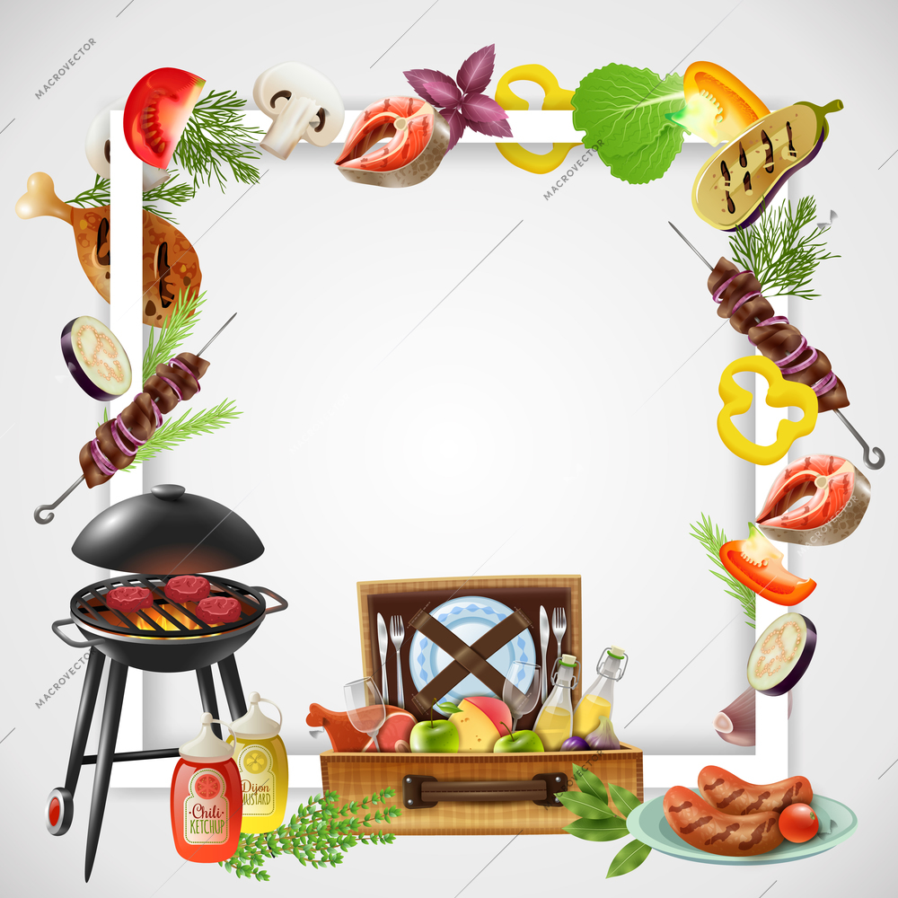 Realistic frame with grill different bbq dishes vegetables and drinks for picnic vector illustration