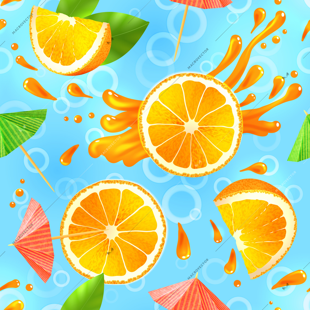Sliced orange and cocktail umbrellas with splash seamless pattern vector illustration