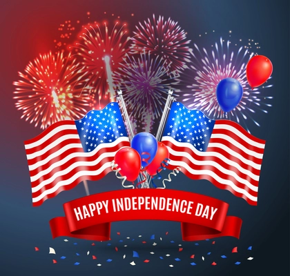 Happy independence day festive card with national flags of usa balloons and fireworks realistic vector illustration