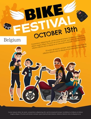 Bike festival poster with people from subcultures metalheads and motor riders on orange background cartoon vector illustration