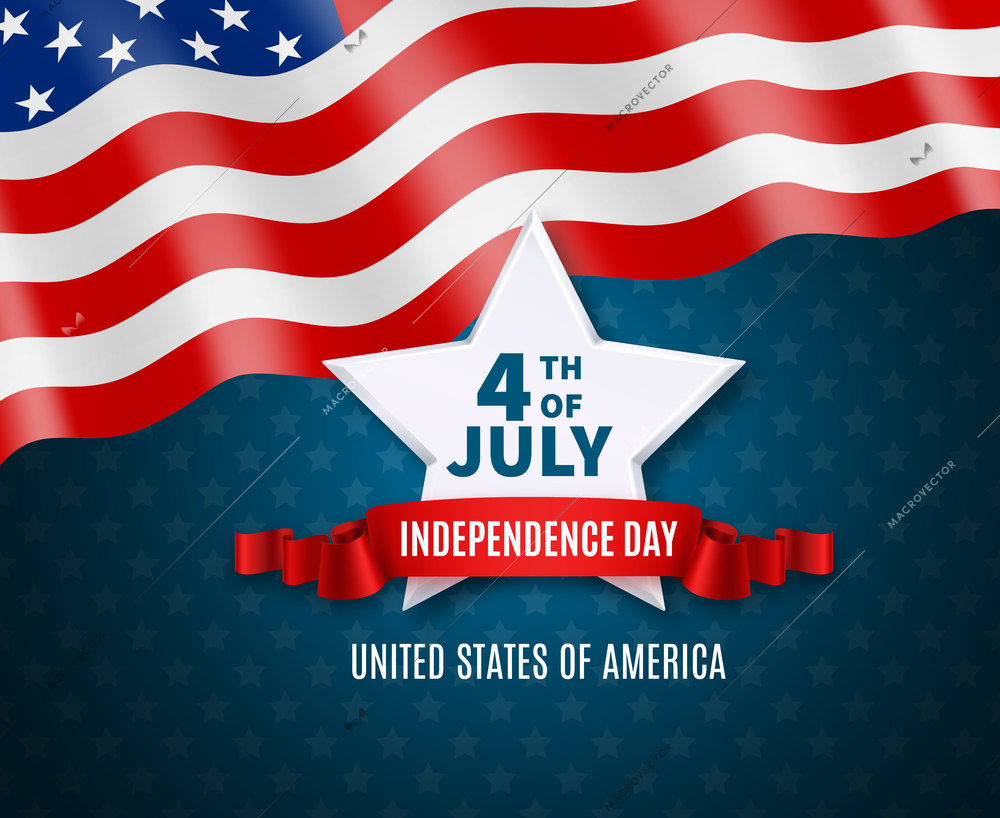 Independence day postcard in colors of national america flag big white star and text 4th of july vector illustration