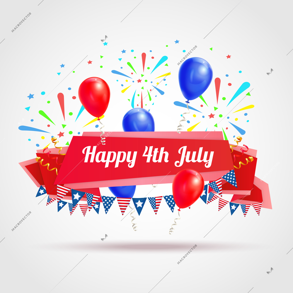 Happy 4th of july greeting postcard with festive flags fireworks and balloons symbols realistic vector illustration