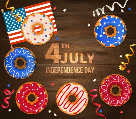 Independence day of united states of america vector illustration with national flag serpentine and decorated pastry on realistic wooden background