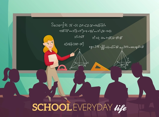 Daily life in school, teacher near board with geometric information and silhouettes of students cartoon vector illustration