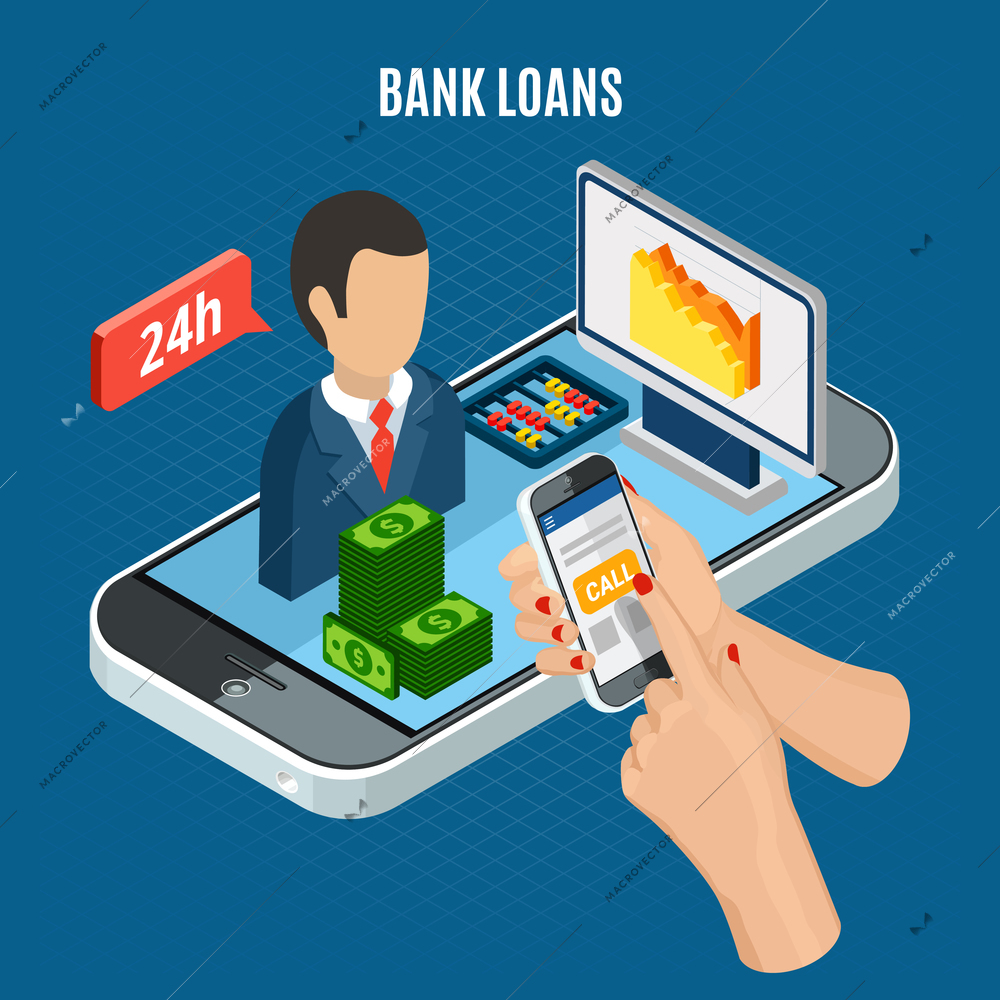 Loans isometric composition with conceptual icons of money and customer support agent on top of smartphone vector illustration