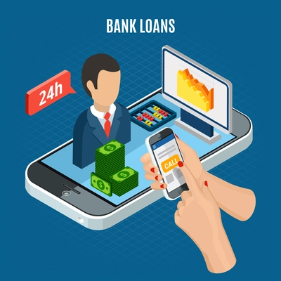 Loans isometric composition with conceptual icons of money and customer support agent on top of smartphone vector illustration