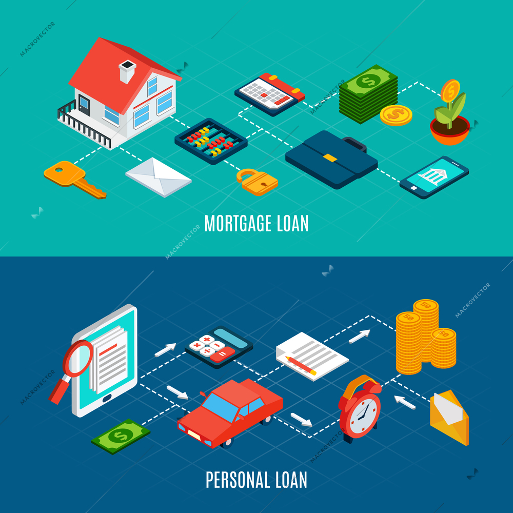 Set of two horizontal loans isometric banners with icons of private property documents and money coins vector illustration