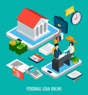 Loans isometric composition of personal loaning online service icons and conceptual images with touch screen gadgets vector illustration