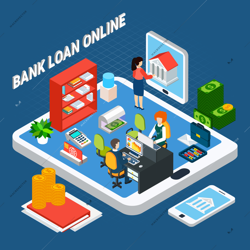 Loans isometric background composition with pieces of bank office furniture and clerks on top of tablet vector illustration