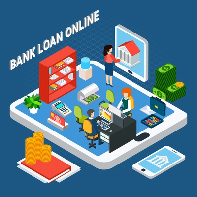 Loans isometric background composition with pieces of bank office furniture and clerks on top of tablet vector illustration