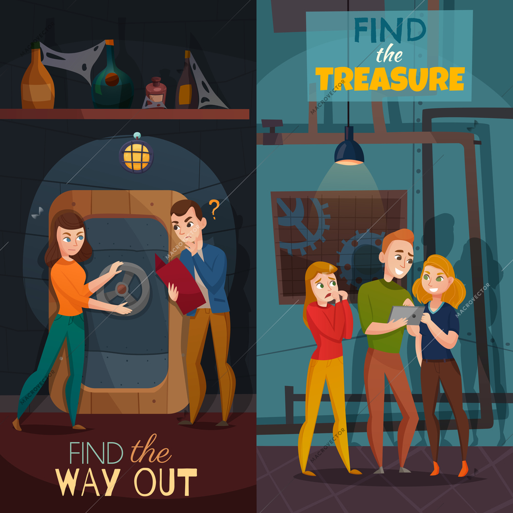 Quest game reality vertical cartoon banners with find way out and search of treasure isolated vector illustration