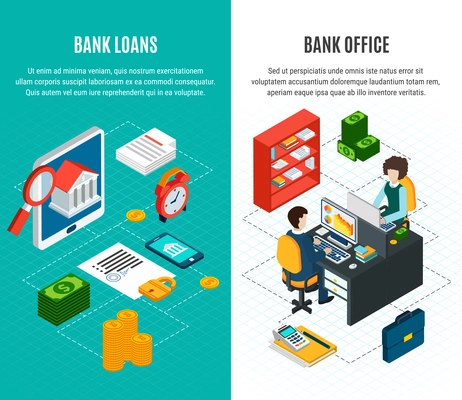 Loans isometric vertical banners set with two compositions of financial icons and human characters with text vector illustration