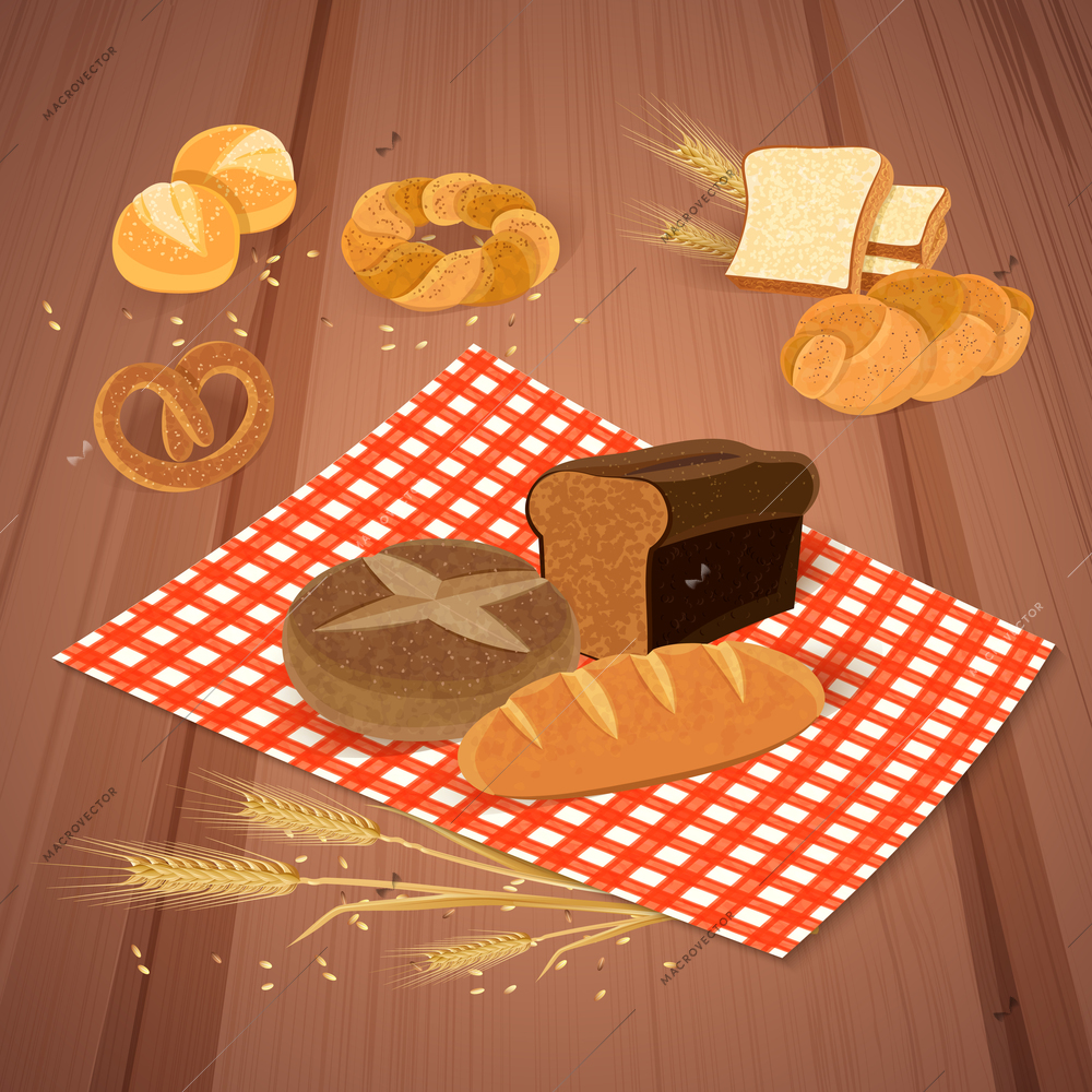Bread products background with meal and fresh food symbols flat vector illustration