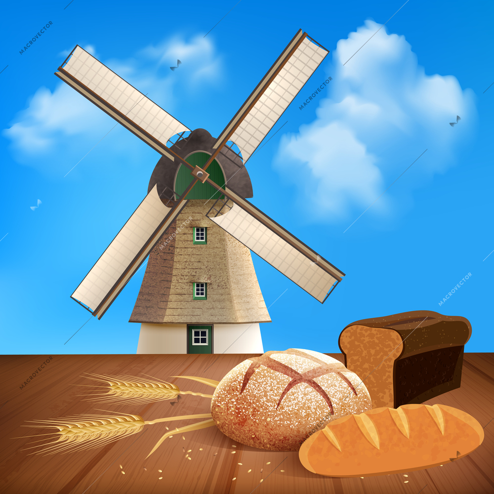 Bread and wheat background with natural product and mill symbols flat vector illustration