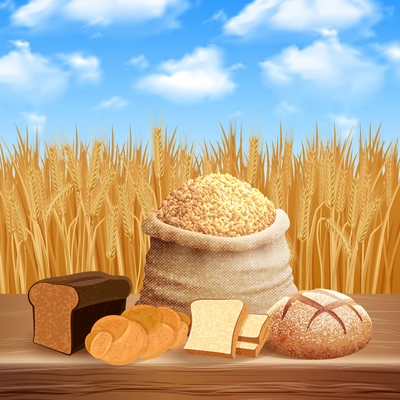 Bread assortment background with careal and crops symbols flat vector illustration