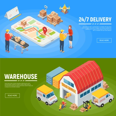 Logistics horizontal banners warehouse delivery trucks workers packed goods for round the clock service isometric vector illustration