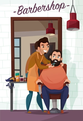 Barber services, hair dresser during cutting of beard near mirror on brick wall background cartoon vector illustration