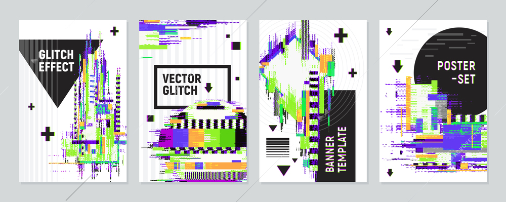 Set of four posters with glitch effect imitating defects of signal on monitor screen flat vector illustration