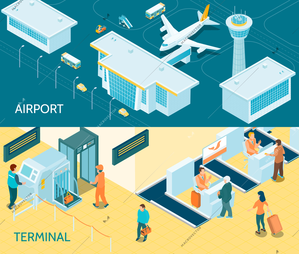 Airport horizontal banners with passengers passes transport security scan tape portal for baggage control isometric vector illustration