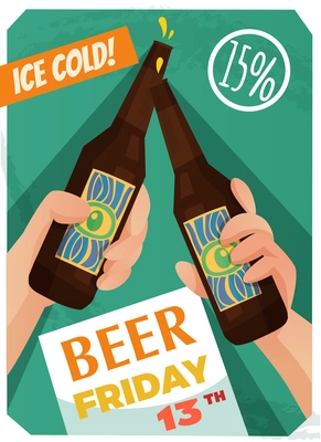 Beer poster with event advertising, discount on product, hands holding bottles on green background vector illustration