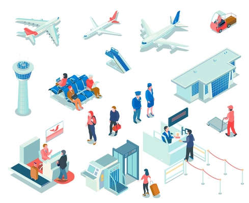 Airport isometric icons on white background  with registration and passport control services tourists and staff isolated vector illustration