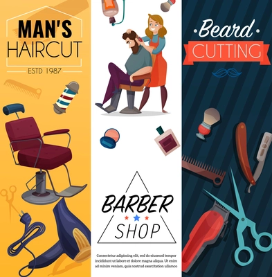 Barber shop vertical cartoon banners, mens coiffures, master and customer, work tools, beard cutting, isolated vector illustration