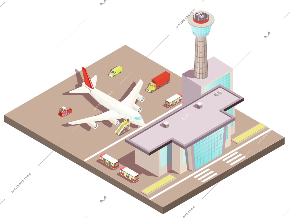 Airport building isometric design concept with control tower and landing airplane on airfield vector illustration